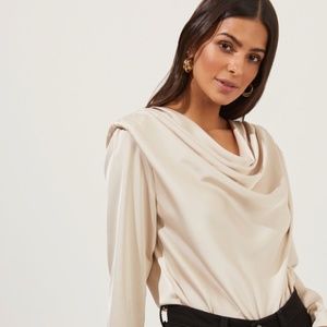 ASTR Champagne Blakely Draped Satin Long Sleeve Bodysuit